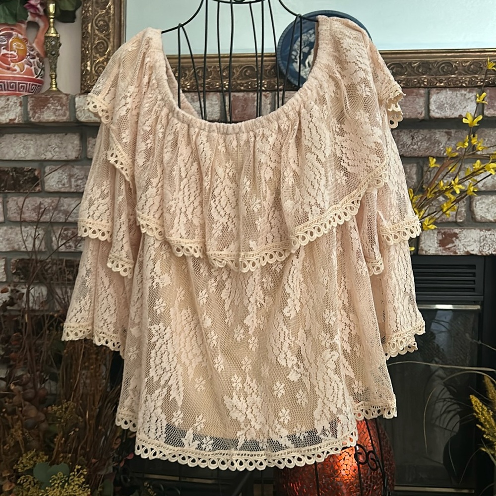 Jealous Tomato Cream Lace Ruffle Off the Shoulder 3/4 Sleeve Blouse
